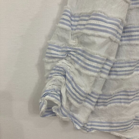 New Andrew Marc XL Blue White Striped Ruched Sleeve Gauze Button Tie Front Shirt - Picture 5 of 8